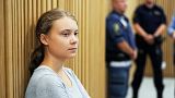 Climate activist Greta Thunberg waits for a hearing in a court in Malmo, Sweden on Monday.