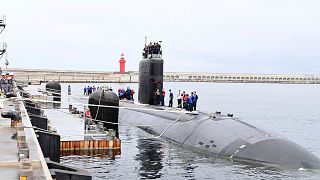  زیردریایی یو‌اس‌اس آناپولیس در یک پایگاه دریایی کره جنوبی در جزیره ججو، کره جنوبی، دوشنبه، ۲۴ ژوئیه ۲۰۲۳