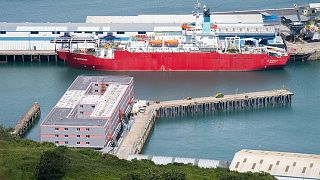 The Bibby Stockholm accommodation barge at Portland Port in Dorset, England, Tuesday August 1, 2023. 