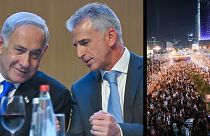 (1) Netanjahu és Barnea Moszad-igazgató - (2) tüntetés Tel-Avivban