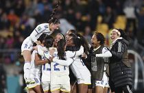 The Philippines celebrate their victory following the Women's World Cup Group A soccer match between New Zealand and Philippines in Wellington, New Zealand, Tuesday, July 25