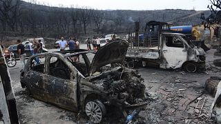 Une voiture brûlée dans la région de Bouira (Algérie), le 24 juillet 2023. 