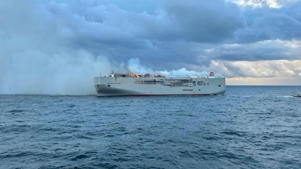 The photo taken by the Dutch Coastguard shows the vessel still on fire in the North Sea