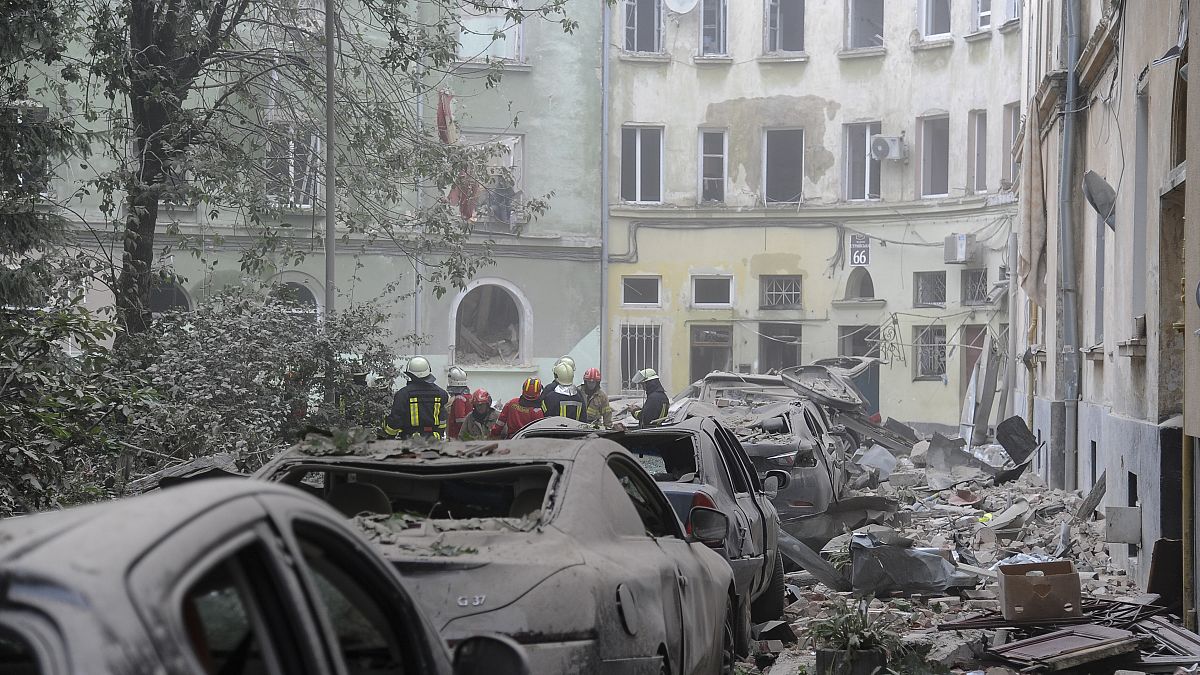 Rescue workers inspect the rubble after a Russian air attack in Ukraine
