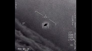 The image from video provided by the Department of Defense labelled Gimbal, from 2015, an unexplained object is tracked by a naval aviator.