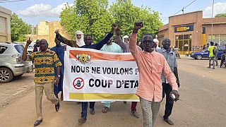 Supporters of Nigerien President Mohamed Bazoum demonstrate in his favor in Niamey, Niger, on July 26, 2023.