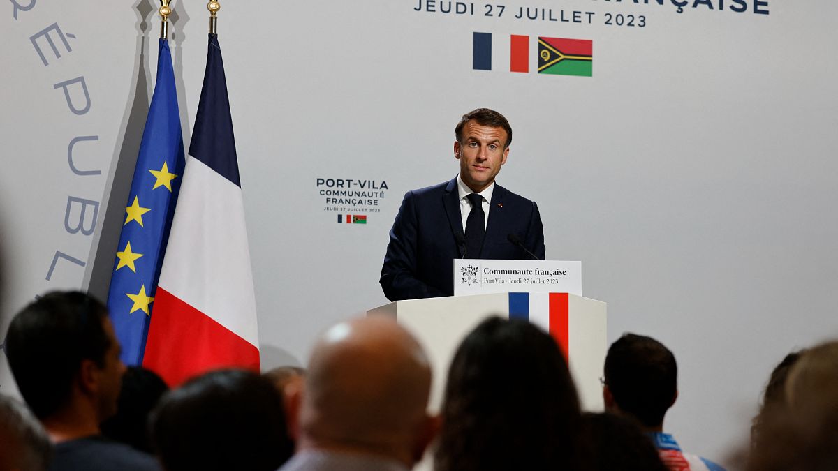 French President Emmanuel Macron during a speech in Port Vila