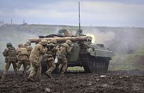 Ukrainian soldiers during training at the frontline in Donetsk region, Ukraine, Saturday, April 15, 2023.