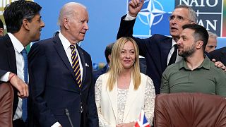 UK Prime Minister Rishi Sunak, Joe Biden, Giorgia Meloni, NATO Secretary General Jens Stoltenberg and Ukraine's President Volodymyr Zelenskyy at a NATO summit.