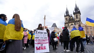 People gather at the Old Town Square in Prague on the first anniversary of Russia's full-scale invasion of Ukraine. 24 February 2023