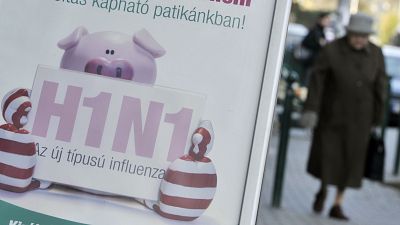A pharmacy banner is advertising the H1N1 vaccine in Budapest, Hungary in 2009.