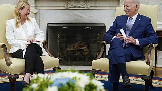 Giorgia Meloni olasz miniszterelnök (balra) Joe Biden amerikai elnök vendége volt a Fehér Házban 2023.07.27-én.