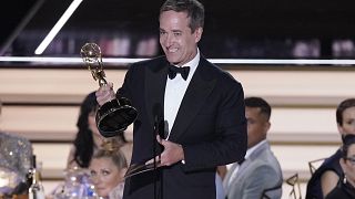 Matthew Macfadyen accepts the Emmy for outstanding supporting actor in a drama series for "Succession" at the 74th Primetime Emmy Awards on Monday, Sept. 12, 2022