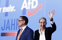 AfD-Chefs Timo Chrupalla und Alice Weidel auf dem Pärteitag in Magdeburg