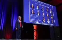 Republican presidential candidate former president Donald Trump arrives to speak at the Republican Party of Iowa's 2023 Lincoln Dinner in Des Moines, Iowa, July 28, 2023