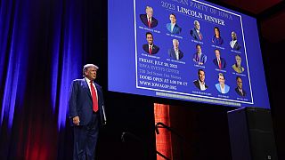 Republican presidential candidate former president Donald Trump arrives to speak at the Republican Party of Iowa's 2023 Lincoln Dinner in Des Moines, Iowa, July 28, 2023