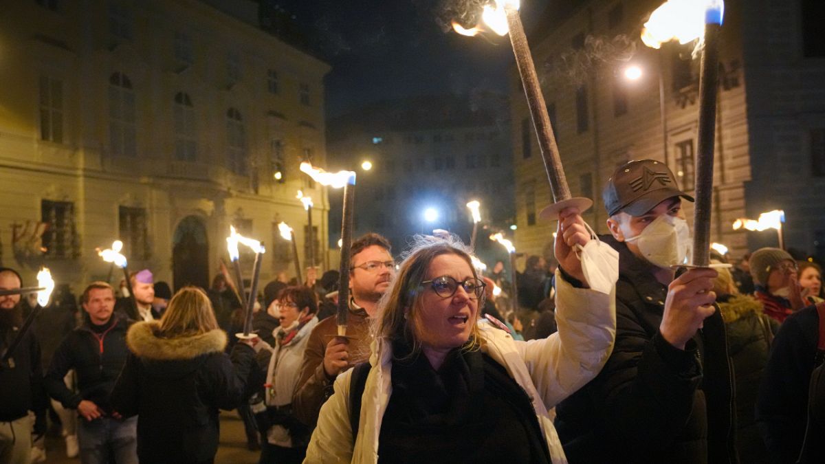 Protesters hold torches and banners at an anti-lockdown protest in Vienna organized by the far-right. 20 November 2021