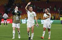 Ireland's Sinead Louise Farrelly, centre, waves after the Women's World Cup Group B soccer match between Ireland and Nigeria in Brisbane, Australia, Monday, July 31, 2023.
