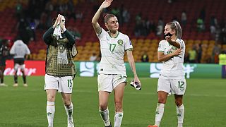 Ireland's Sinead Louise Farrelly, centre, waves after the Women's World Cup Group B soccer match between Ireland and Nigeria in Brisbane, Australia, Monday, July 31, 2023.
