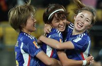 احتفال لاعبات منتخب اليابان للسيدات بعد تسجيل الهدف الثالث خلال مباراة المجموعة الثالثة ضد إسبانيا على ملعب ويلينغتون، الإثنين 31 يوليو 2023