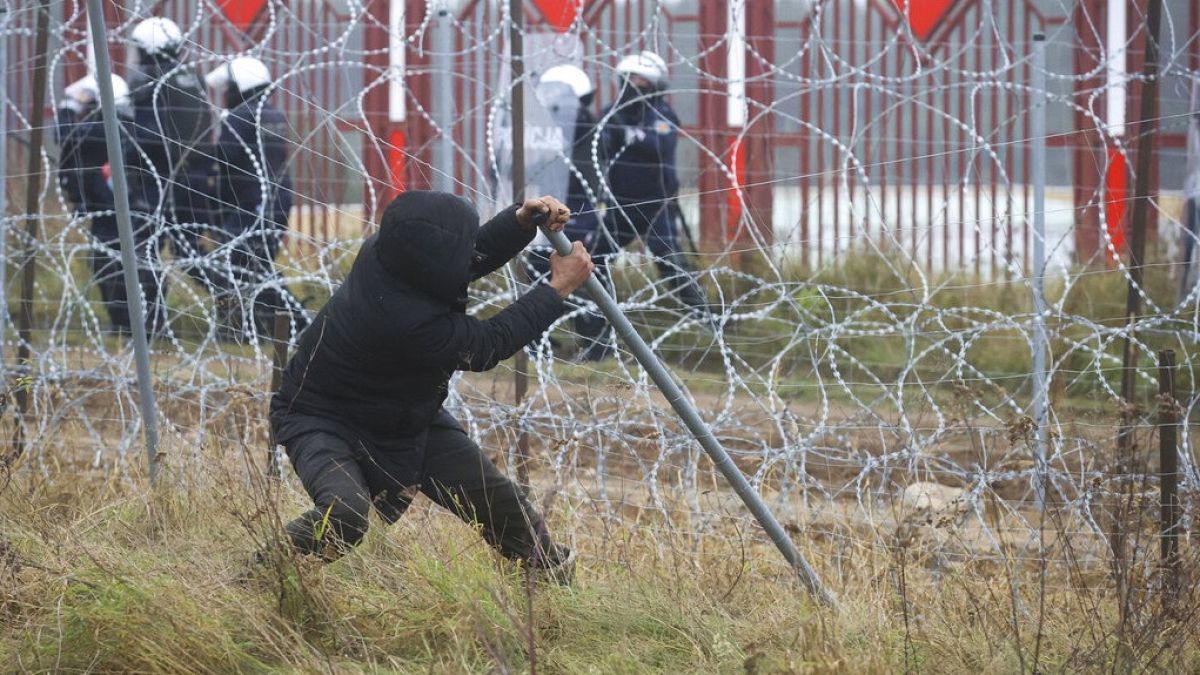 A man pulls down the fence during clashes with Polish border guards at the Belarus-Poland border near Grodno, Belarus, on Tuesday, Nov. 16, 2021.