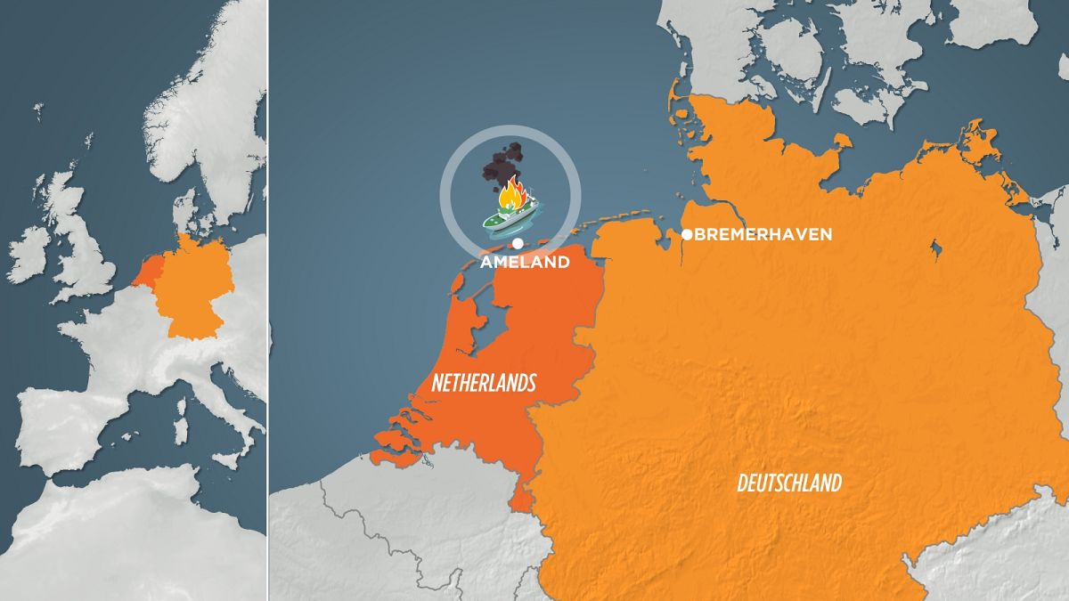 MAP showing approximate location of stricken cargo ship, north of the Dutch island of Ameland