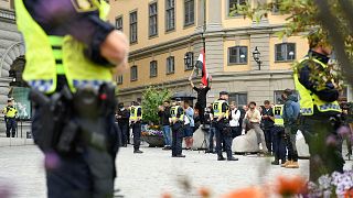Polizisten stehen neben Demonstranten, darunter ein Demonstrant (Hintergrund, C), der die irakische Flagge hält, auf dem Mynttorget-Platz in Stockholm, Schweden, am 31\. Juli 2023.