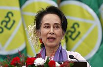 FILE - Myanmar's then leader Aung San Suu Kyi delivers a speech in Naypyitaw, Myanmar, on Jan. 28, 2020. 
