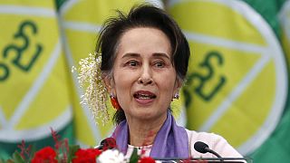 FILE - Myanmar's then leader Aung San Suu Kyi delivers a speech in Naypyitaw, Myanmar, on Jan. 28, 2020.