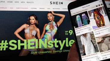 Pages from the Shein website, left, and from the Temu site, right, are shown in this photo. June 23, 2023. 