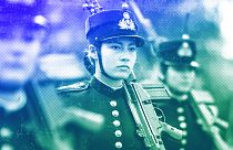 Greek military cadets take part at the annual military parade in the northern Greek port city of Thessaloniki, October 2022