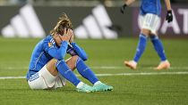 Italy's Cristiana Girelli reacts after losing the Women's World Cup Group G soccer match against South Africa in Wellington, New Zealand, Wednesday, Aug. 2, 2023