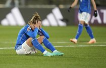 Italy's Cristiana Girelli reacts after losing the Women's World Cup Group G soccer match against South Africa in Wellington, New Zealand, Wednesday, Aug. 2, 2023