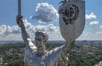Motherland Monument as steeplejacks dismantle the coat of arms of the former Soviet Union from the shield of a 62-meter (102 meters with pedestal) Motherland Monument in Kyiv