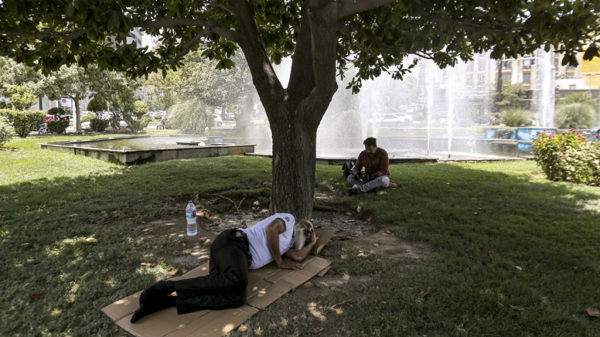 Мужчина на лужайке в тени дерева у фонтана во время жары в Тегеране / 11 июля 2023 года