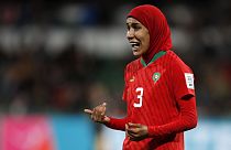 Morocco's Nouhaila Benzina shouts during the Women's World Cup Group H soccer match between Morocco and Colombia in Perth, Australia, Thursday, Aug. 3, 2023. 