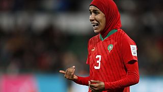 Morocco's Nouhaila Benzina shouts during the Women's World Cup Group H soccer match between Morocco and Colombia in Perth, Australia, Thursday, Aug. 3, 2023.