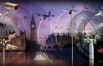 Composite image shows Houses of Parliament in London, drones and security cameras