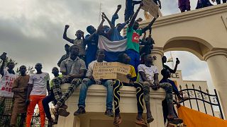 Supporters of Niger's ruling junta gather at the start of a protest called to fight for the country's freedom and push back against foreign interference in Niamey.