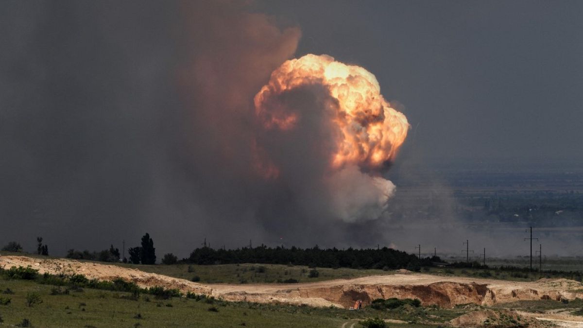 The detonation of ammunition caused by a fire at a military training field in the Kirovsky district of Crimea on July 19, 2023.