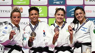 Le podium des -52 kg au Masters de judo à Budapest en Hongrie, vendredi 4 août 2023.