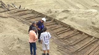 Les restes d'un navire romain près du site de Vinimacium, à Kostolac, en Serbie