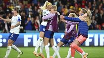 England's Chloe Kelly celebrates after scoring the last penalty during the Women's World Cup tie and Nigeria in Brisbane, Australia, Monday, Aug. 7, 2023