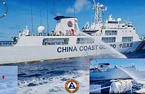 Ce documentpublié par les gardes-côtes philippins le 6 août 2023 montre un navire des gardes-côtes chinois tirant au canon à eau sur un navire des gardes-côtes philippins.