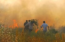 Nesta fotografia de julho de 2009, voluntários correm enquanto trabalham para apagar um incêndio florestal perto de Nuoro, no centro da Sardenha.
