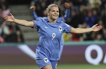 France's Eugenie Le Sommer celebrates after scoring her team's fourth goal during the Women's World Cup last-16 against Morocco in Adelaide, Austrailia, 08/08/2023