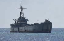 سفينة البحرية الفلبينية بي آر بي سييرا مادري في ثان توماس شول في جزر سبراتلي في بحر الصين الجنوبي المتنازع عليه، في 23 أبريل 2023