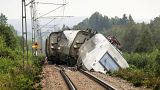This photo taken on August 7, 2023 shows a derailed passenger train between Iggesund and Hudiksvall in Sweden.