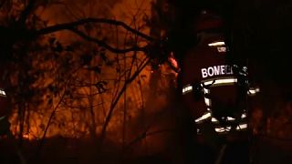 Пожарный тушит огонь в Португалии