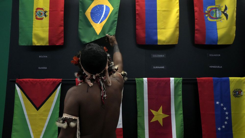 Коренно население прокарва ръката си над бразилското знаме в павилион